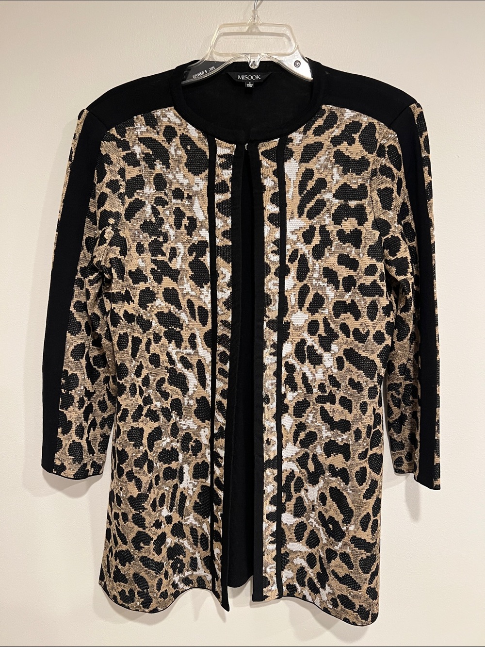 Misook Leopard-Print Open Cardigan in Black and Tan